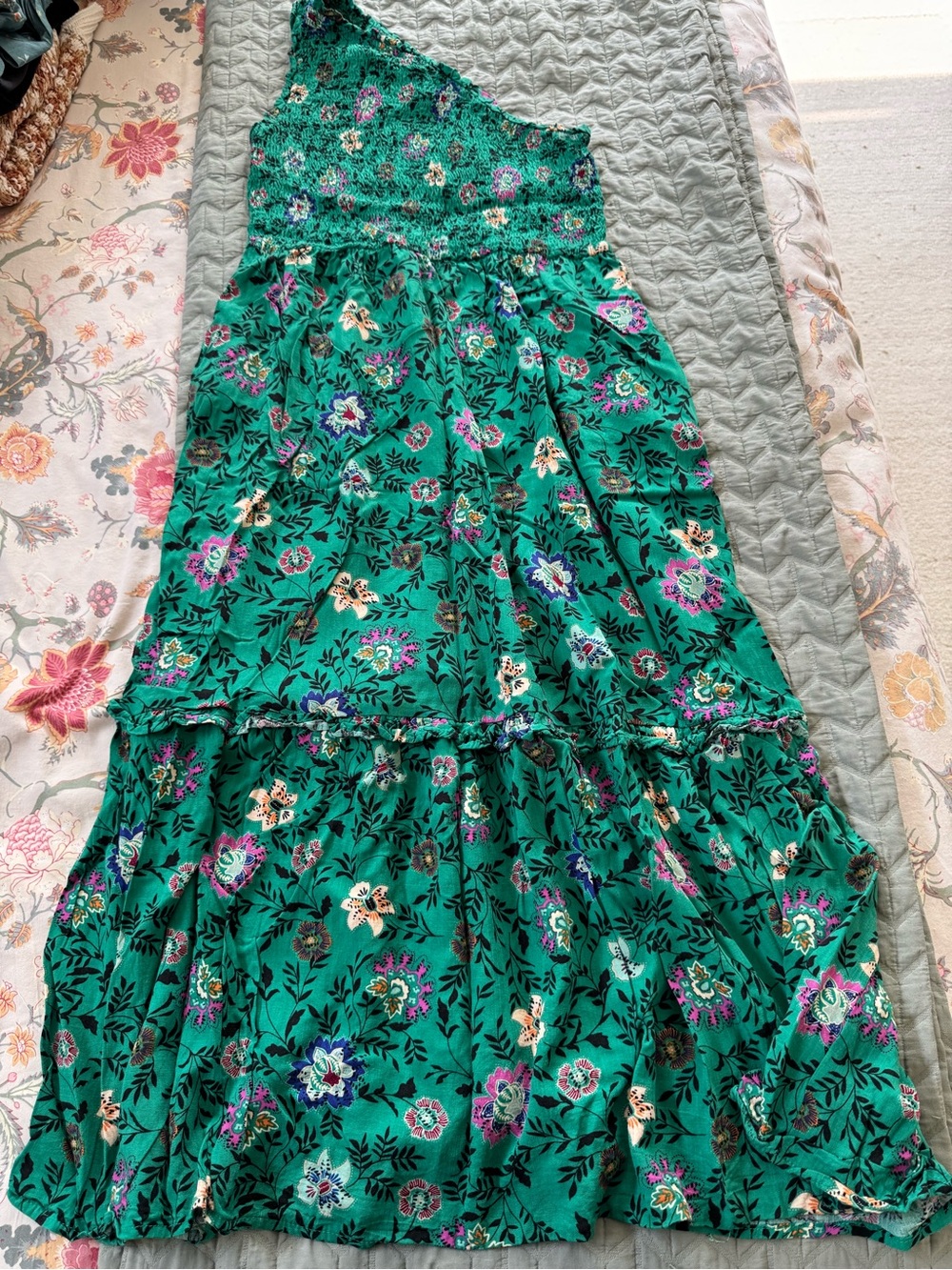 Knox Rose Green Floral One-Shoulder Maxi Skirt with Purple & Cream Accents